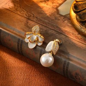 French Retro Palace Style Geometric Zircon Tibetan <b>Silver</b> Gold Plated Pearl <b>Stud</b> <b>Earrings</b> Luxury Fashion - Product Image 5