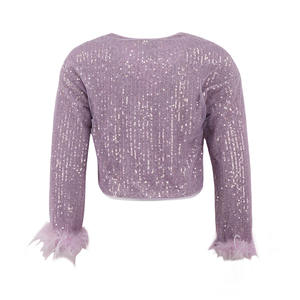 Cardigan da Festa per Ragazze con Paillettes, Maniche Lunghe, <span class=keywords><strong>Tulle</strong></span>, Bordi <span class=keywords><strong>in</strong></span> Piume, Strass, Rete Traforata, Scollo a V, Traspirante e ad Asciugatura Rapida - Product Image 2