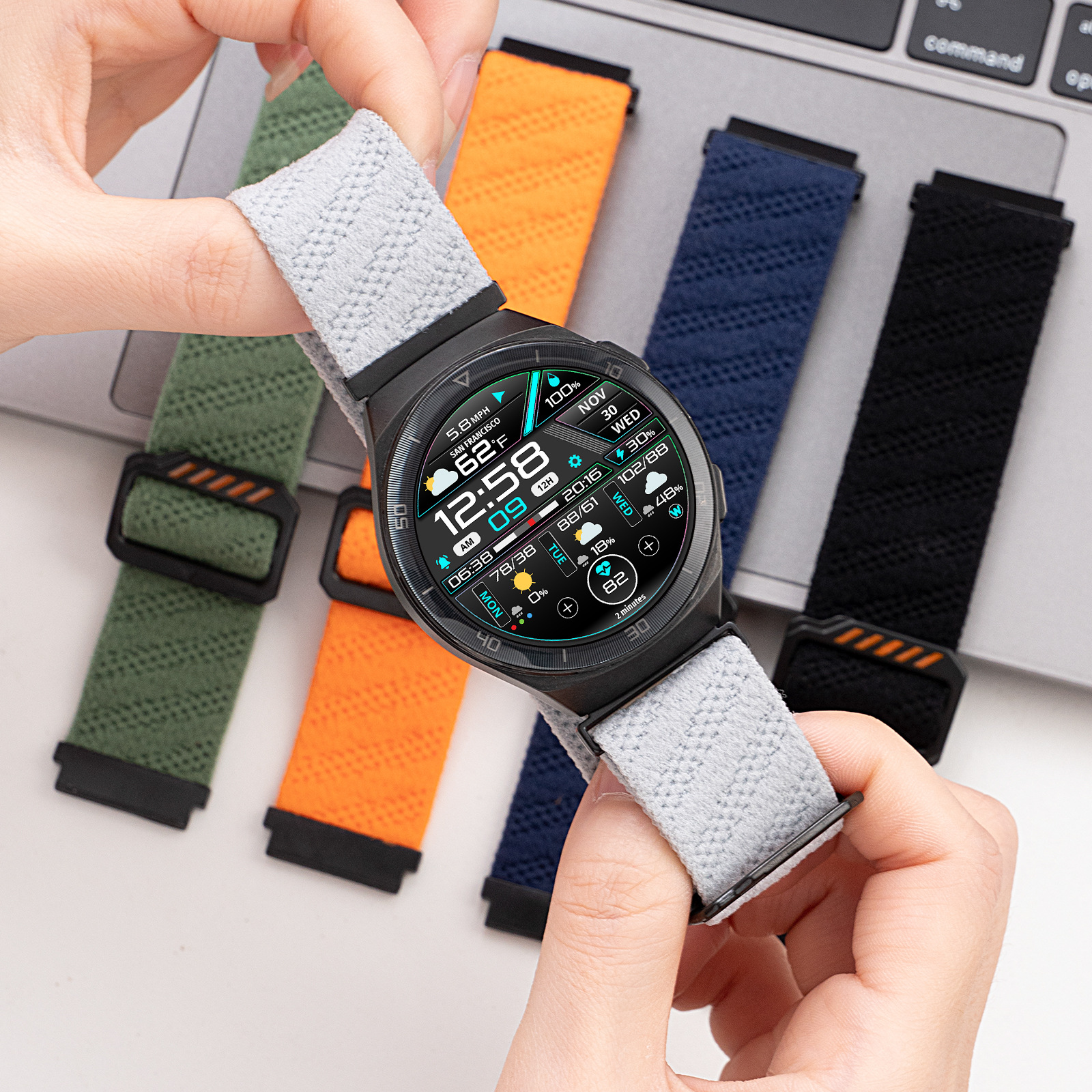 Unisex 22mm Breathable Fashionable Watchband Black Buckle Watch Strap for Huawei Watch GT4/5 Elastic Nylon Woven Braided