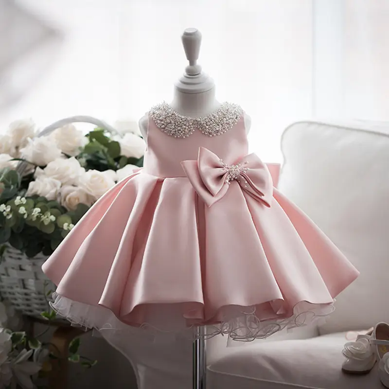 New pink first birthday dress Baby Girl Evening bow birthday party princess dress flower girls' tutu dresses
