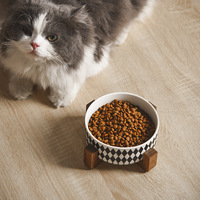 Bol en céramique pour chat et chien de style Hepburn NicePets |   5 motifs rétro anti-renversement pour aliments et eau |   Support en bois d'acacia pour mangeoire surélevée