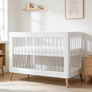 Lit bébé moderne vintage en bois blanc, certifié sécurité, écologique, pour l'école - Product Image 1