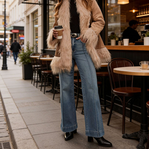 Jean en denim stretch taille haute coupe bootcut tendance pour <span class=keywords><strong>femme</strong></span> avec coutures sur le devant et jambe large - Product Image 2