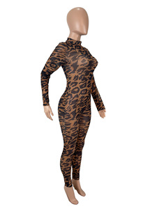 2026 Women Leopard Print <strong>Mesh</strong> Jumpsuit, Turtleneck Full Sleeve See Through Club Workout <strong>Catsuit</strong> - Product Image 4