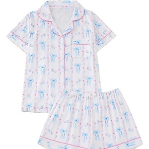 <span class=keywords><strong>Pyjama</strong></span> Femme Nouveauté Saint-Valentin Personnalisé à Vente Chaude, Ensemble Maison Imprimé Rose et Nœud, Col Revers - Product Image 5