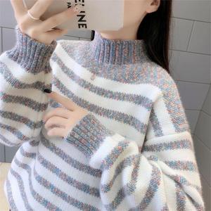 Suéter de punto grueso para mujer, cálido, holgado, de manga larga, con <span class=keywords><strong>cuello</strong></span> alto y rayas de piel, estilo dulce, para otoño e invierno - Product Image 3