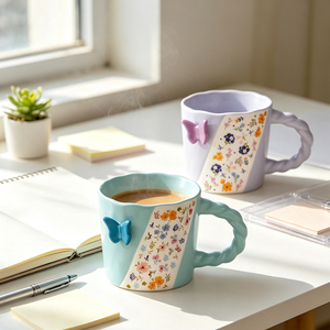 Tazza da Colazione con Bocca Irregolare, Motivo Farfalla in Rilievo, Regalo per Ragazze, 400ml, Tazza in Porcellana Europea con Manico - Product Image 3