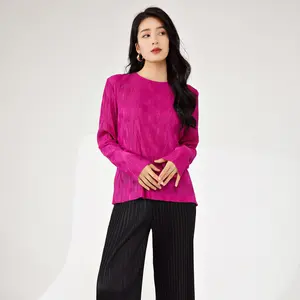 2024 women's spring/summer fashion round neck long sleeve pleated solid color top