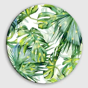 BES Flower Watercolor Leaves Wall Art Canvas Painting Green Style Plant Nordic Posters Hotel Decorative Round Wall Art