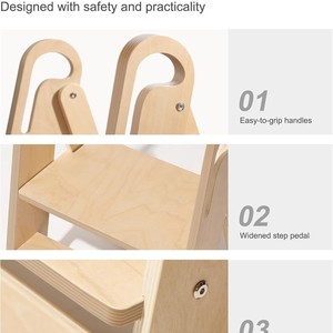 Taburete para lavabo para niños, color madera natural, haya, 2-4 años, uso en el baño, torre de aprendizaje Montessori - Product Image 3