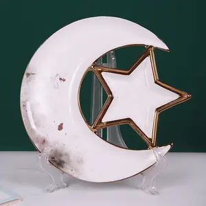 Fábrica por atacado ramadan decorativos branco luxo estrela lua servindo pratos cerâmica Eid Mubarak lua placa prato conjuntos