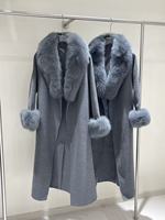 Manteau populaire pour femme en laine double face avec col en fourrure de renard, ceinture et poches, chaud pour l'hiver