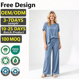<b>Women</b> Short Sleeve Crew Neck Top And Elastic Waist Wide Leg Pants Set Soft Casual Ladies Daily <b>Outfit</b> - Product Image 1