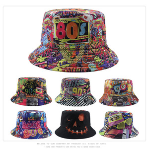 หมวกทรงบัคเก็ตย้อนยุคสำหรับผู้หญิง80S 90S หมวกพิมพ์ลายตัวอักษรหมวกสำหรับฤดูใบไม้ผลิฤดูร้อนหมวกสองด้านสำหรับผู้ชาย - Product Image 4