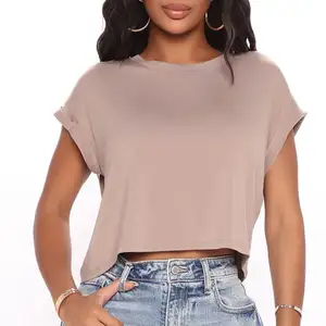 Camiseta de manga corta 100% de algodón para mujer, Camisetas básicas con cuello redondo, top corto liso en blanco y negro