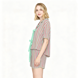 Ensemble de pyjama rayé à manches courtes pour femmes, en coton et fibre de bambou, doux, vêtements de détente d'été avec nœud papillon et fermeture avant - Product Image 2