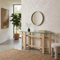 Table console décorative en travertin avec plateau en verre Wabi-Sabi pour la décoration intérieure du hall d'entrée de la villa