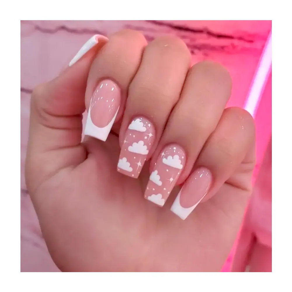 La migliore vendita French Tips Pink White Cloud Medium Coffin Press On Nails fashion Spring Ongle Pret Coller Painting unghie finte