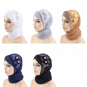 Venta al por mayor, personalizado, 2 piezas, pañuelo para la cabeza con lentejuelas y flores, visera musulmana, turbante, hiyab, color sólido, transpirable - Product Image 2