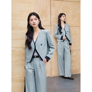 Women's Suit Set Light Gray Wide Leg Trousers Blazer Office Lady Style Anti-Wrinkle Full Sleeve Worsted Fabric - Product Image 1
