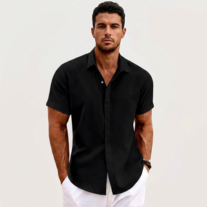 Chemises en lin pour hommes en gros, ODM, avec logo personnalisé, manches courtes, décontractées, boutonnées, à patte de boutonnage recouverte, légères, en coton et lin, pour l'été - Product Image 1