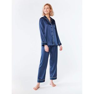 Conjunto de pijama de seda satinada para mujer, de manga larga, con botones, 2 piezas, ropa de dormir suave - Product Image 2