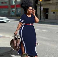 Robe longue fendue à col rond pour femme, grande taille, unie et à rayures, avec empiècements
