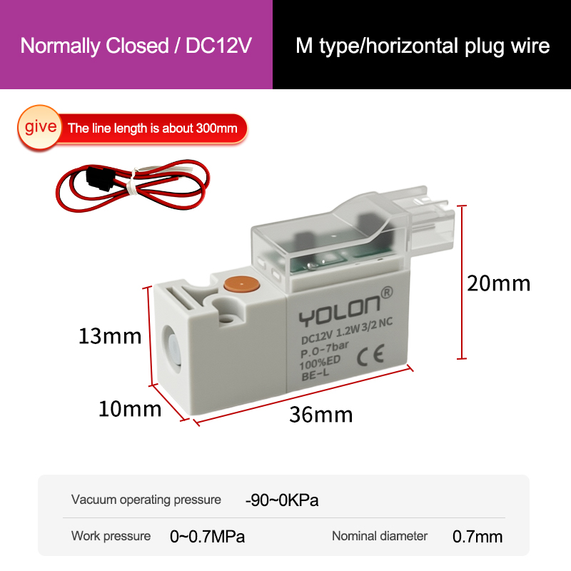 3/2 vías/tipo M/cable de enchufe horizontal/normalmente cerrado DC12V
