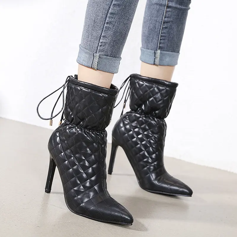 Best Selling Women High Heel Stiletto Fashion Lace Up European American Ladies Ankle Boots Black White Sexy Winter Warm Boots