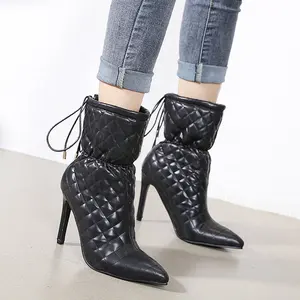 Botas femininas de salto alto, moda stiletto, feminina, de renda, americana, preta, branca, sexy, para inverno