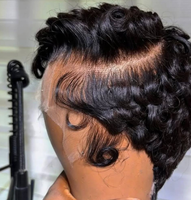 Perruque courte bouclée 13x4 Lace Frontal en cheveux humains, style Pixie Curl, avec baby hair naturels, couleur personnalisée pour femmes noires