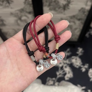 Pulsera de plata pura con forma de luna y perla, versión con cuerda roja y negra, regalo para parejas, joyería unisex - Product Image 3