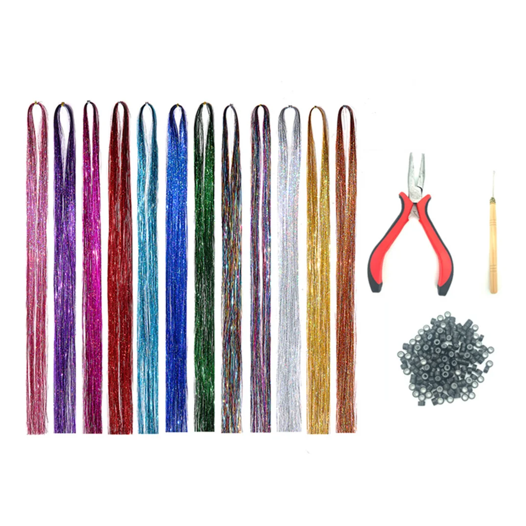 47 Inches Hair Extension Tinsel with Tool 12 Colors 2400 Strands Hair Extension Tinsel Kit