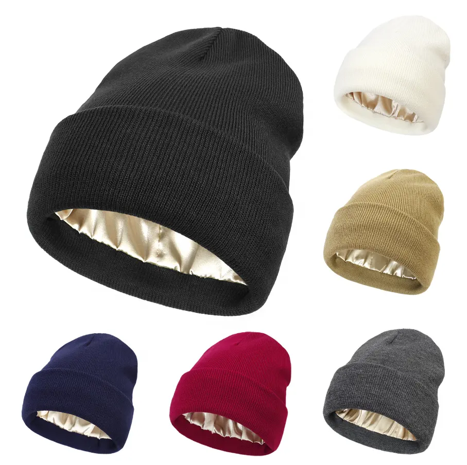 Custom Logo Winter Warm Knitted Hats Women Satin Silk Lining Chunky Cap Winter Satin Lined Beanie Wool Winter Hats for Unisex