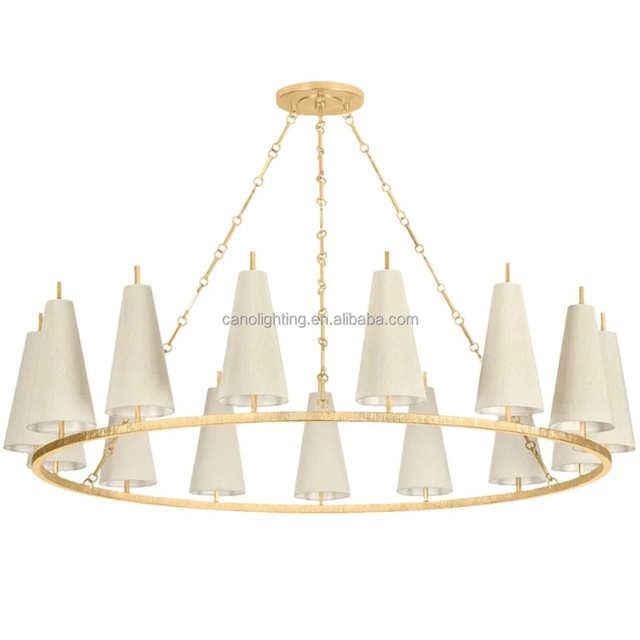 Custom Modern Brass Large Ring Fabric Lampshade Hanging Chandelier for Home Foyer Living Room and Hallway.