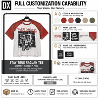 Kaos Raglan Custom Warna Merah Bata dengan Cetakan Grafiti di Dada, Grafis Kolase Vintage, dan Detail Fray, 280gsm untuk Merek, Produsen OEM ODM