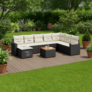 Ensemble de canapés de jardin noir et crème avec coussins, mobilier d'extérieur résistant aux UV, rotin PE, design contemporain - Product Image 2