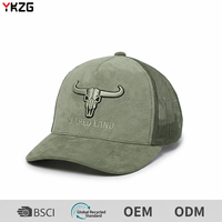 Casquette de cyclisme haute performance en tissu suédé 5 panneaux de qualité supérieure, avec broderie 3D Longhorn, style western vintage, dos en maille respirante et fermeture snapback