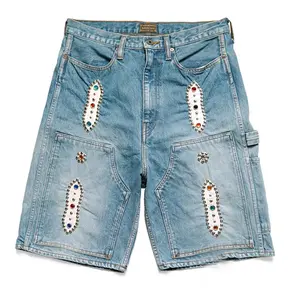 Custom Metal Stud Gem Men Jeans Shorts Vintage Streetwear Rhinestone Denim Shorts Men