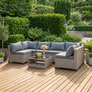 Set di Mobili da Giardino in Rattan PE Grigio Beige a 7 Pezzi con Struttura in Ferro e Tessuto Impermeabile - Product Image 3