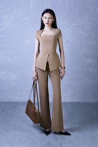 Regular Sleeve Short Square Neck Elegant Office Lady Vietnam <b>Women</b> U-Neck Blouse with Gem Button <b>Corset</b> Detail KA15 - Product Image 3