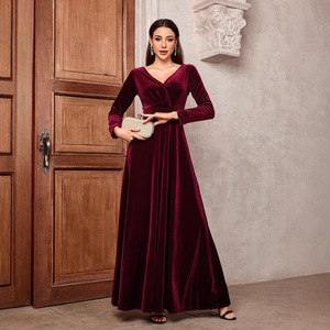 Abito da donna elegante in <span class=keywords><strong>velluto</strong></span> con collo a V a <span class=keywords><strong>maniche</strong></span> <span class=keywords><strong>lunghe</strong></span> stringe vita abito da sera per banchetti autunno inverno - Product Image 2