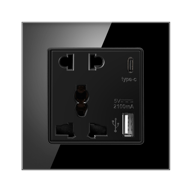 Electricity Wall USB Power Outlet Type C International Universal 5 Pin Socket 13A Glass