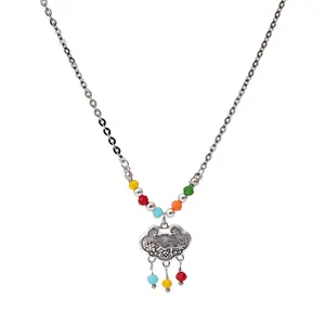 Chinese Vintage Design High Quality Pingan Peace Buckle Pendant Colorful Chain Glass Bead Bell Necklaces for Women