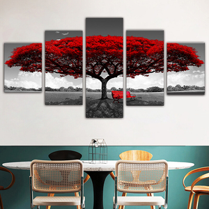 Pintura decorativa para arte de pared, panel de pintura con hermoso paisaje de árbol rojo, lienzo impreso, 5 piezas - Product Image 5