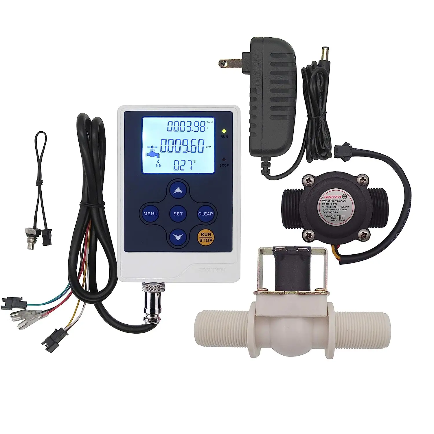 DIGITEN Water Flow Meter Controller+G3/4" Flow Sensor+G3/4" Solenoid Valve+12V Power