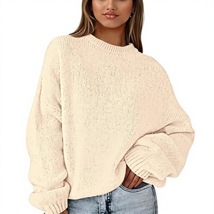 Suéter de punto para mujer, color crema, cuello redondo, manga murciélago, color sólido, acrílico grueso, informal, de invierno, manga larga, tejido a mano - Product Image 1
