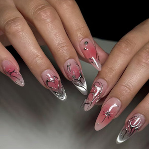 Vente en gros à bas prix, Ongles artificiels semi-faits à la main, style Ins, avec perles françaises, motif rayé 3D transparent effet glace, mélange de lilas violet et de jacinthe - Product Image 2