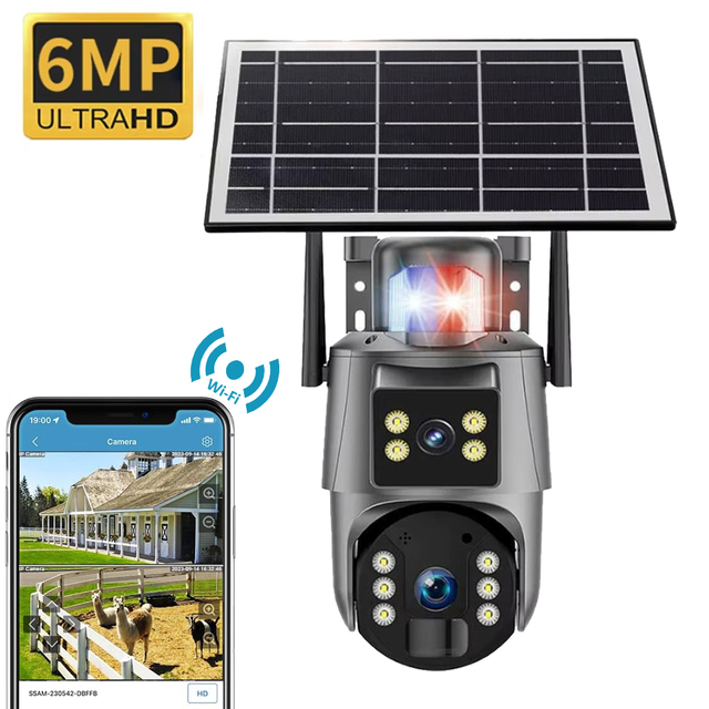 6MP WiFi Ubox Dual Lens Solar Camera Auto-Tracking Dual Light Siren Alarm Security Outdoor Solar Panel PTZ Solar Network Camera