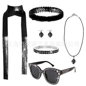 Disco Party Jewelry <b>Set</b> Pink Sequined Headband Scarf Necklace Earrings <b>Bracelet</b> Sunglasses Women's Fashion Accessory - Product Image 4